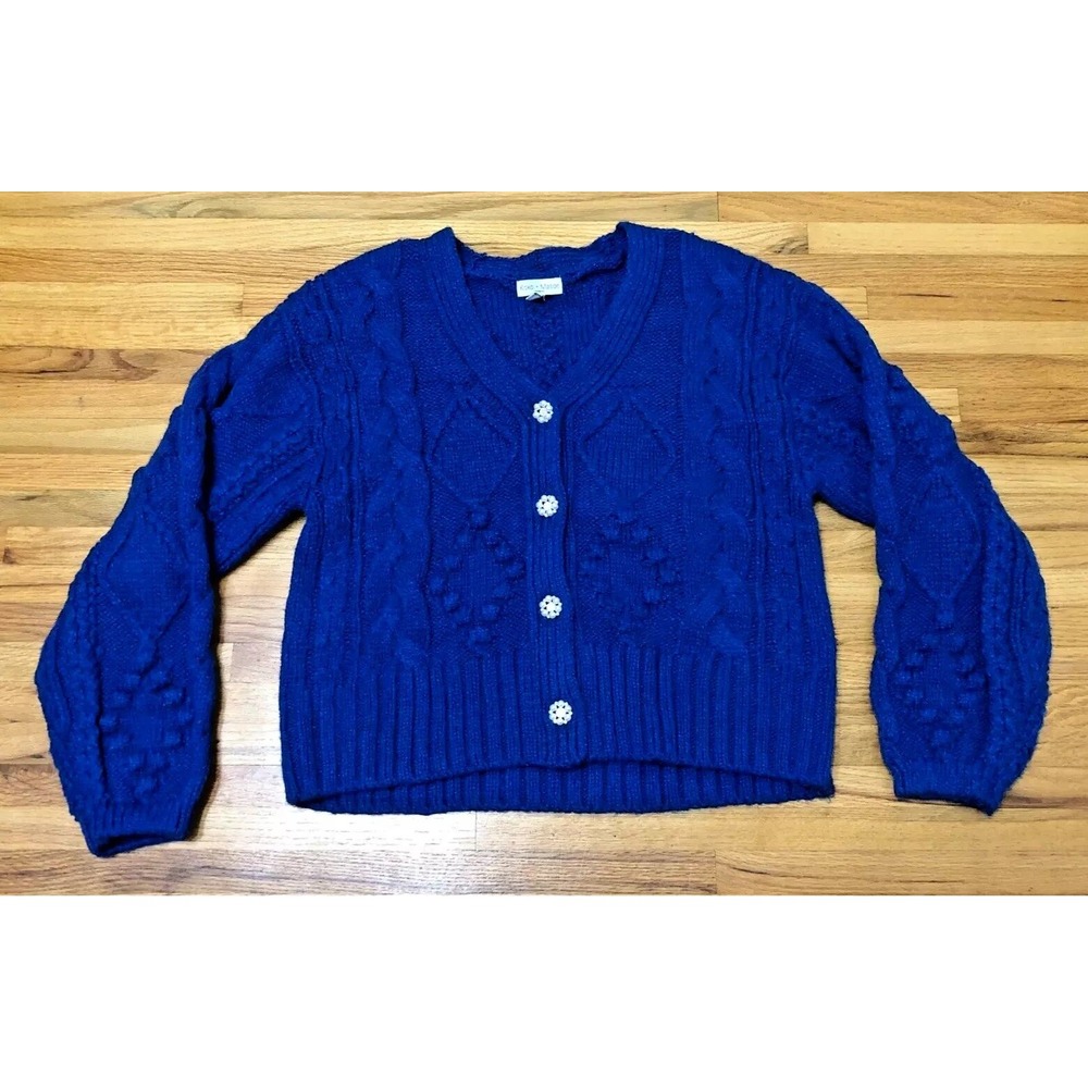 Koko‎ + Mason Grandma Cottagecore Sweater Women's L Blue Cable Knit Cozy Pearl